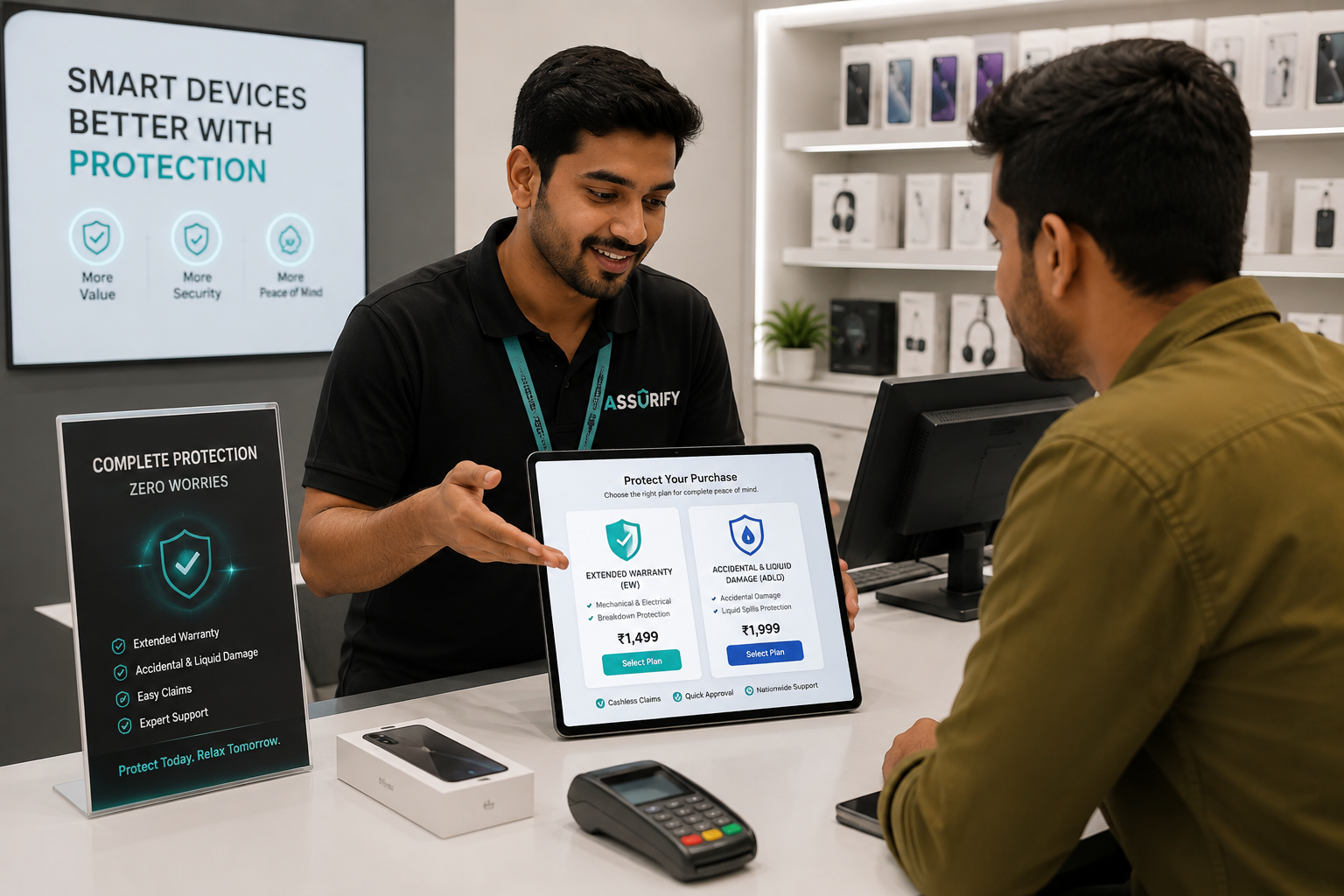 Assurify merchant staff selling a protection plan to a customer at the billing counter