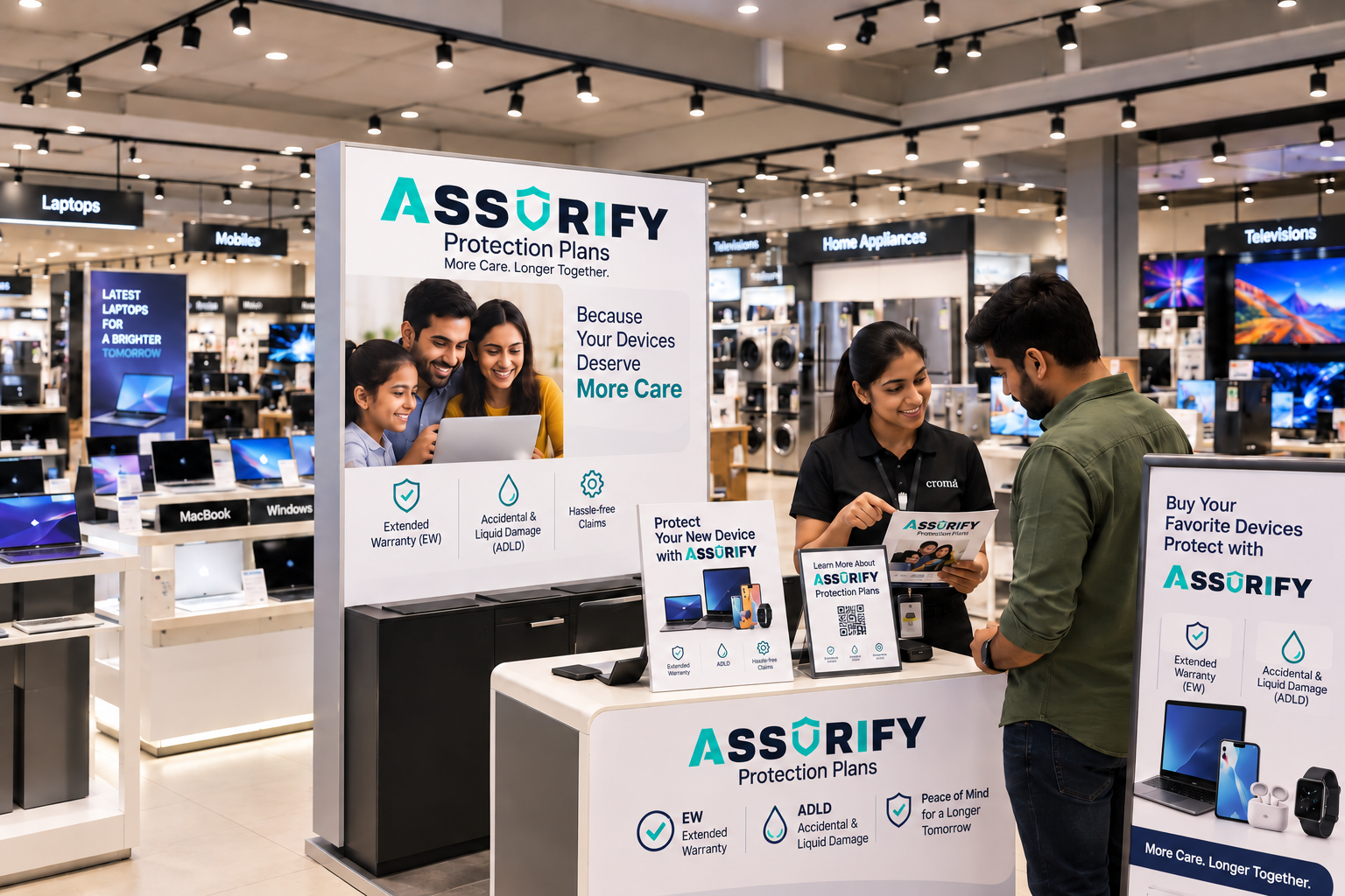 Assurify staff member showing a customer Extended Warranty and ADLD plan options on a tablet at the billing counter